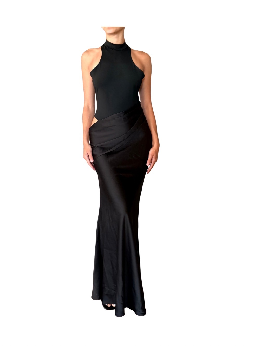Elegant Black Halter Maxi Dress with Draped Waist